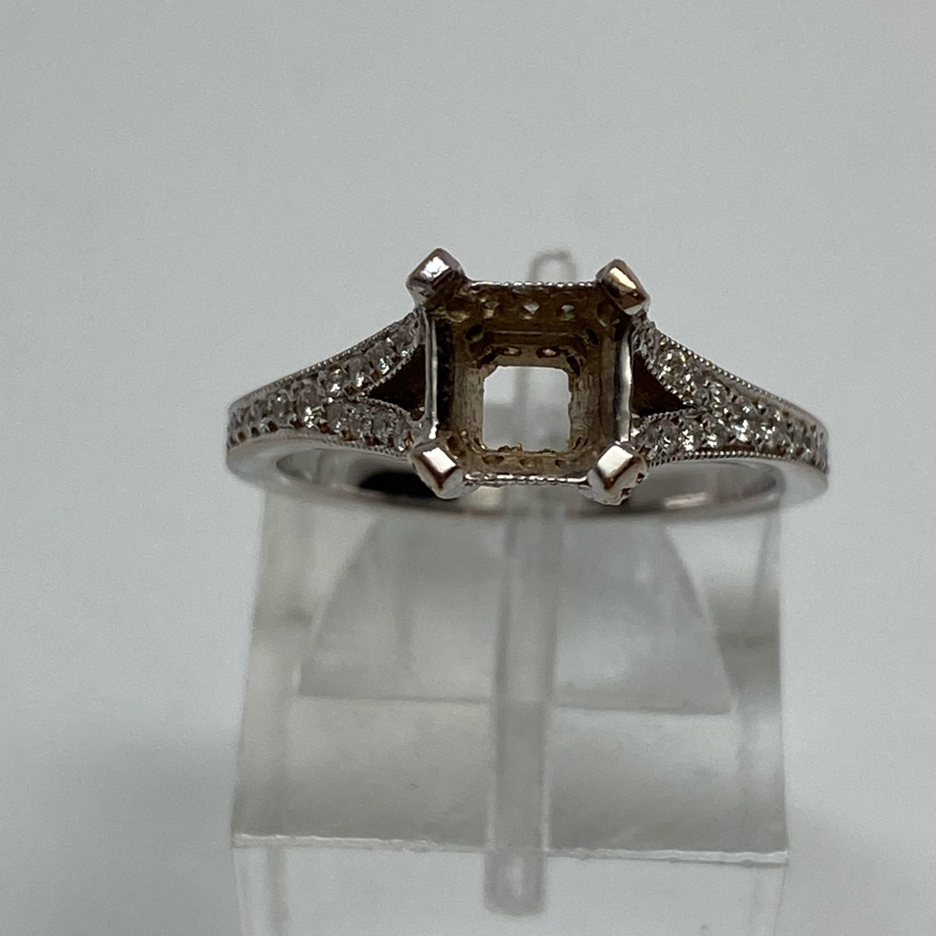 18k White Gold Natural Diamond Princess Cut Semi Mount Engagement Ring Fits 5mm